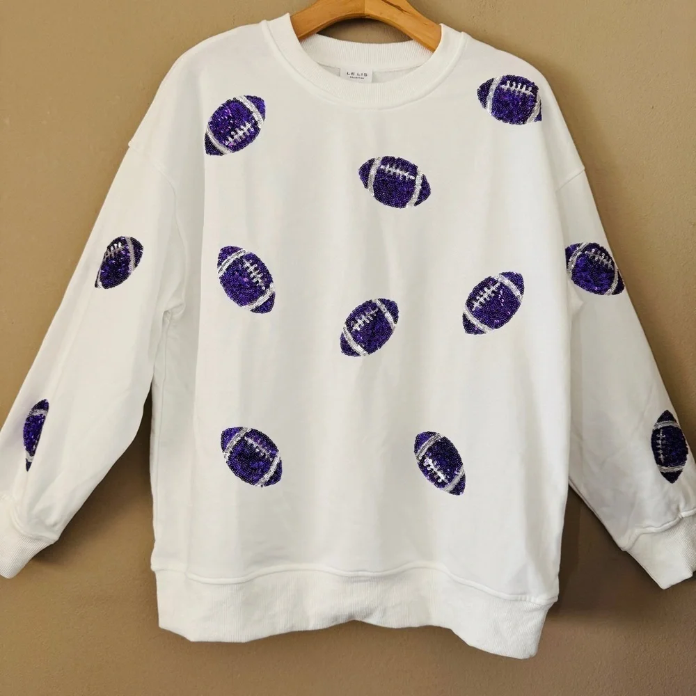 NWOT Le Lis White Football Sequins Sweatshirt Size M